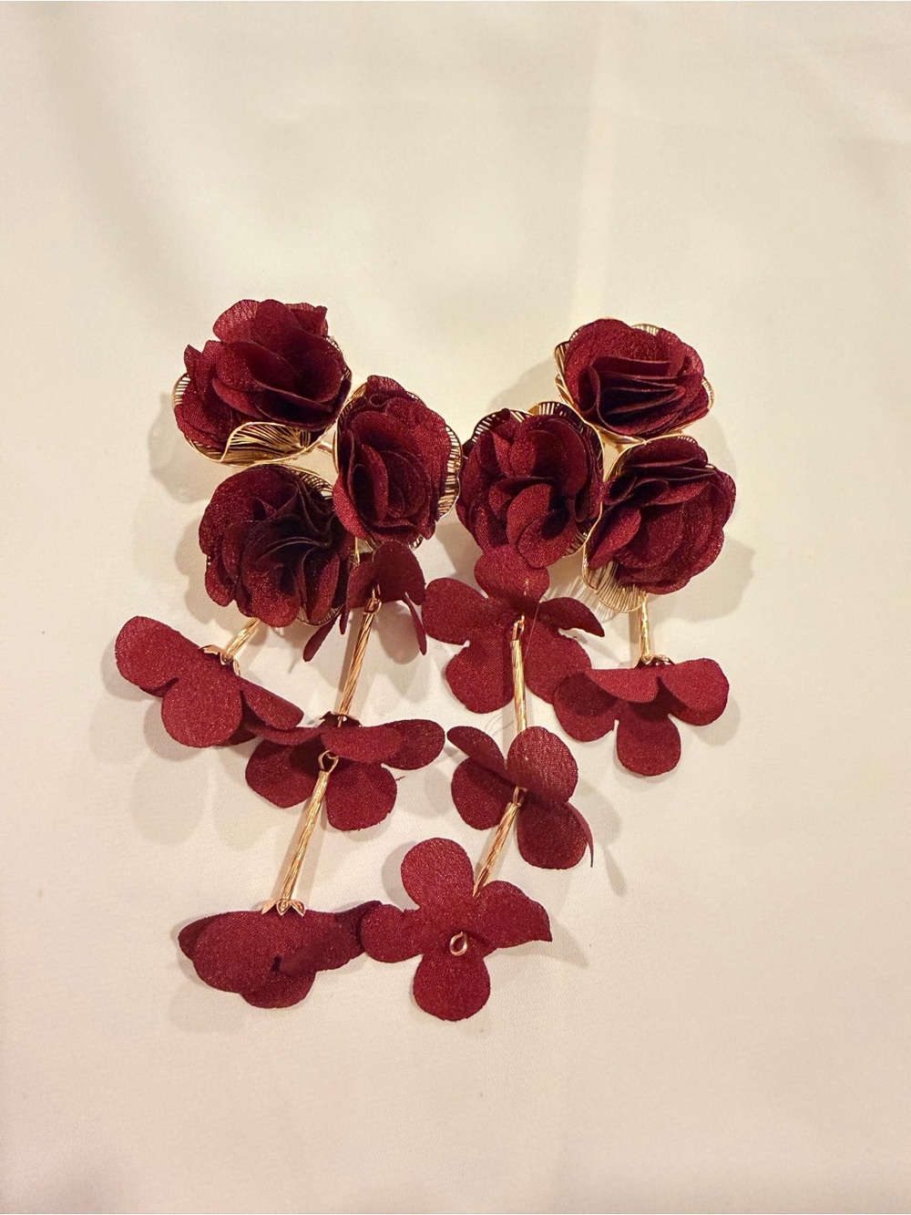 Burgundy Floral Drop Earrings with Gold Accents - Picture 5 of 5